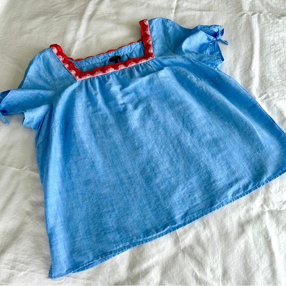 Talbots Blue Linen Top Crochet Trim Pink Coral Short Tie Sleeve Blouse size 2XP - Picture 12 of 16